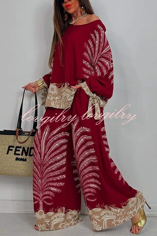 Unique Print Loose Drawstring Long Sleeve Top and Elastic Waist Casual Pocket Wide Leg Pants Set