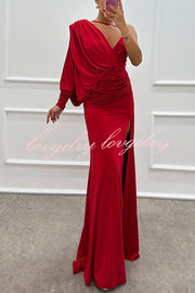 Like Venus One Shoulder Bat Sleeve Ruched Detail Slit Gown Maxi Dress