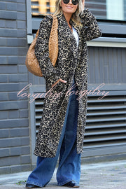 Leopard Affair Animal Print Epaulettes Long Sleeve Pocketed Lapel Midi Trench Coat