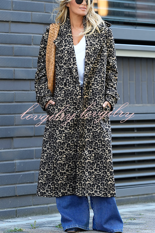 Leopard Affair Animal Print Epaulettes Long Sleeve Pocketed Lapel Midi Trench Coat
