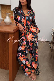 Evening Routine Unique Print Color-block Trim Loose Shirt and Elastic Waist Pocketed Pajama Set