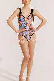 Khloe Vintage Style Floral Color Block Printed Reversible Tie Shoulder Stretch One-piece Swimsuit