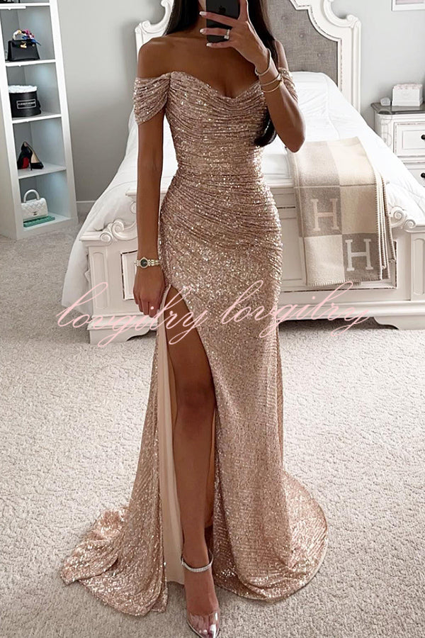 Diamond World Sequin Off Shoulder Ruched Slit Evening Maxi Dress