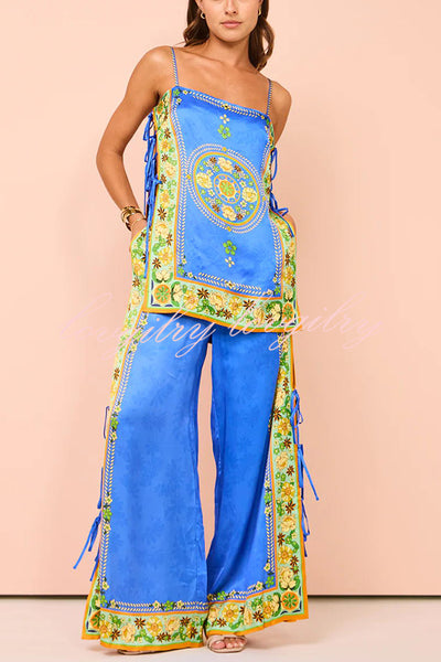 Nara Satin Unique Print Side Lace-up Tank and Elastic Waist Pocketed Wide Leg Pants Set