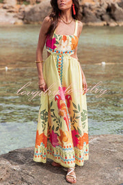 Resort Style Unique Print Sexy Square Neck Backless Waist Maxi Dress