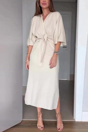 Solid Color V-neck Half-sleeve Casual Waist-tied Midi Dress