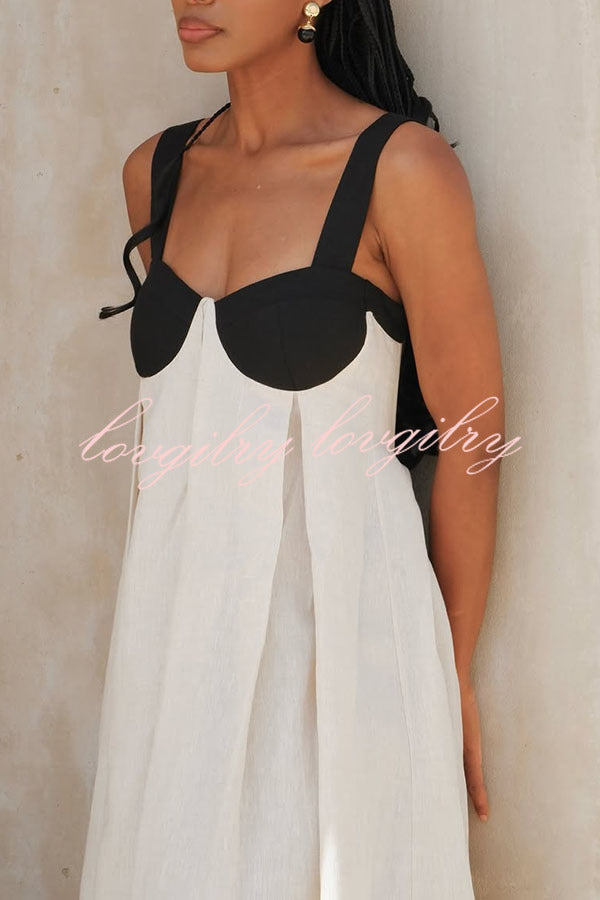 Jordina Linen Blend Colorblock Cups Backless Tie-up Loose Maxi Dress