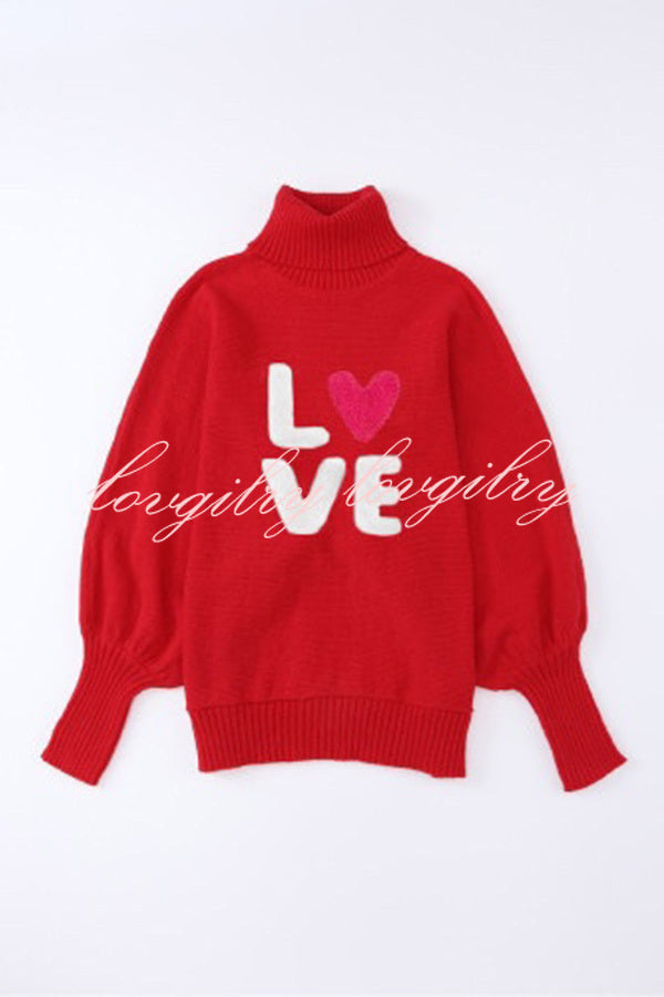 Happy Holidays Contrast Love Letter Turtle Neck Bat Sleeve Sweater