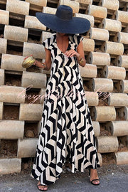 Fresh Breeze Ethnic Unique Print Ruffle Sleeve A-line Maxi Dress