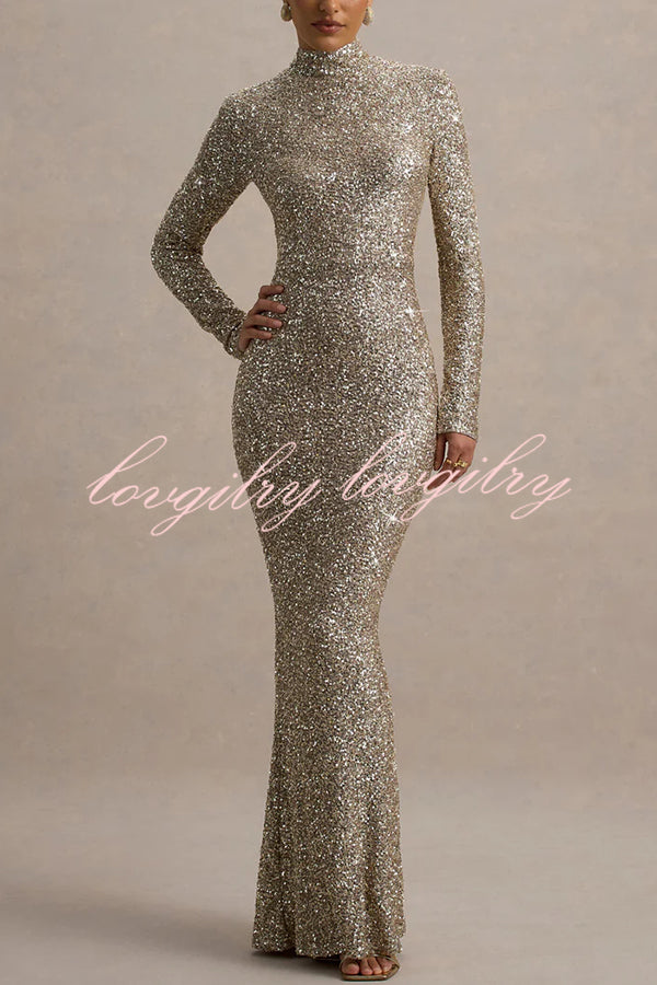 Galaxy Premium Sequin Turtle Neck Long Sleeve Maxi Dress