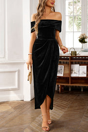 Solid Color Velvet Off-shoulder Slim-fit Elegant Slit Midi Dress