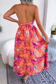 Plant Print Halter Neck Hollow Holiday Beach Midi Dress