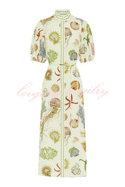 Deep Sea Dreaming Linen Blend Unique Print Puff Sleeve Lace-up Pocketed Midi Dress