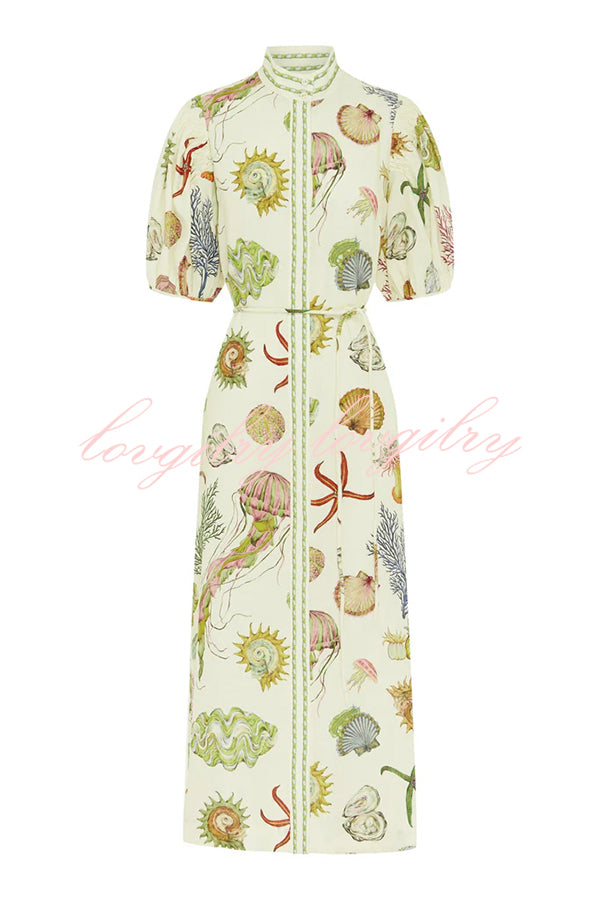 Deep Sea Dreaming Linen Blend Unique Print Puff Sleeve Lace-up Pocketed Midi Dress