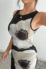 Floral Print Round Neck Sleeveless Mesh Fitted Maxi Dress