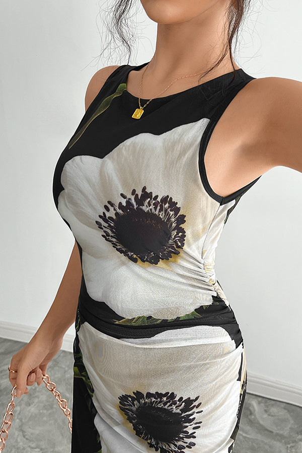 Floral Print Round Neck Sleeveless Mesh Fitted Maxi Dress