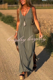 Solid Color V-neck Sleeveless Casual Loose Maxi Dress