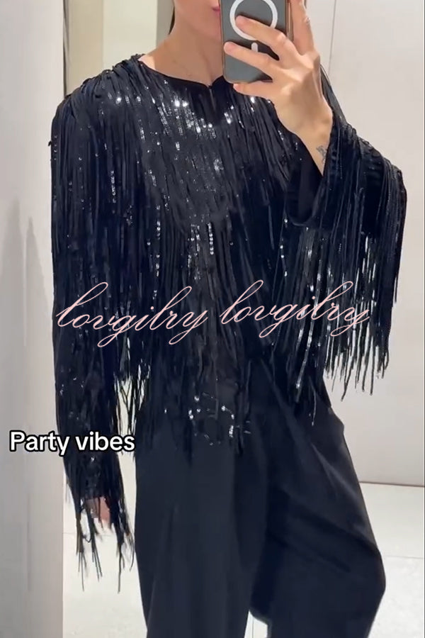 Party Crasher Layered Sequined Tassels Long Sleeve Loose Jacket