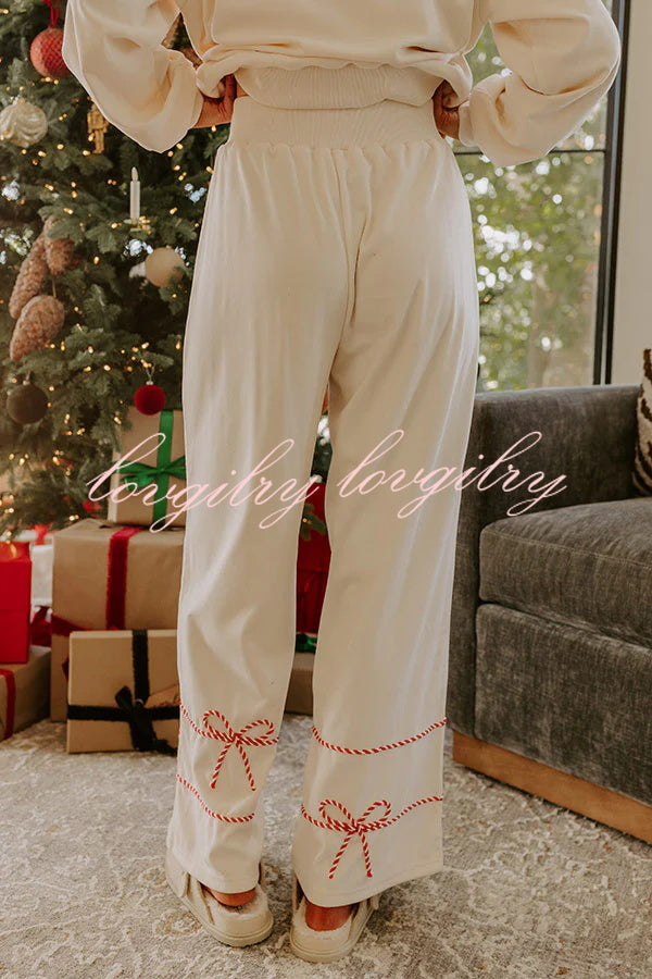 Candy Cane Cutie Loose Bow Tie Long-Sleeved Sweatshirt and Elastic Waist Pocket Pants Set