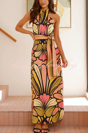 Unique Print Halter Neck Waist Tie Holiday Maxi Dress