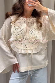 Fashionable Round Neck Tie Hollow Stitching Casual Shirt