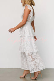 Lace V-neck Ruffled Sleeves Cinched Waist Maxi Dress