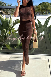 Solid Color Sleeveless Hollow Knit Crop Top and Elastic Slit Slim Midi Skirt Set