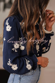 Floral Embroidery Long-Sleeved Button-Up Elegant Shirt