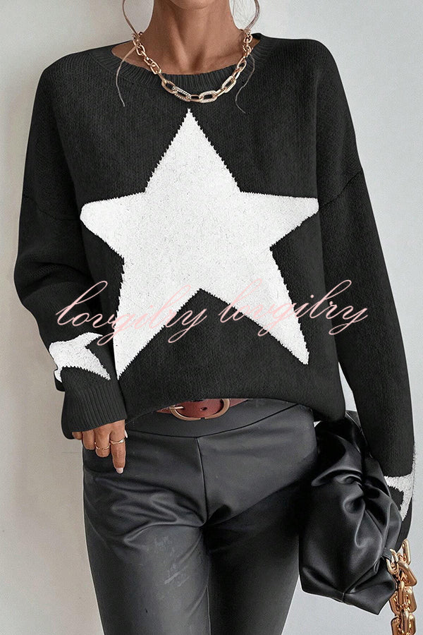 Essnce Star Pattern Crew Neck Long Sleeve Sweater