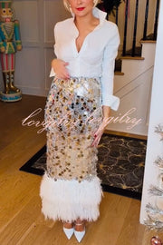 Playful Sparkling Large Sequin Faux Fur Tassel Hem Elastic Waist Maxi Skirt