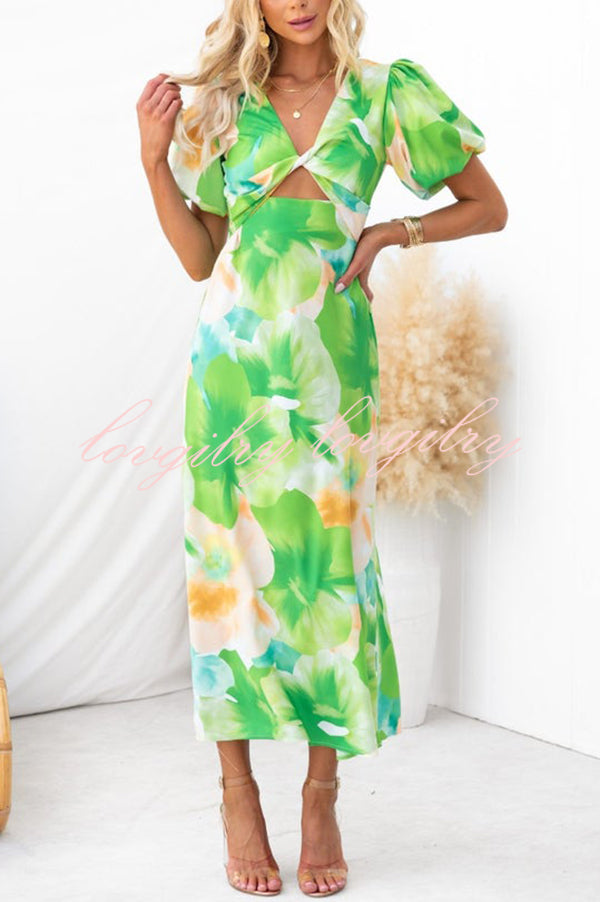 Sophia Floral Print Satin Puff Sleeve Twist Front Cutout Midi Dress