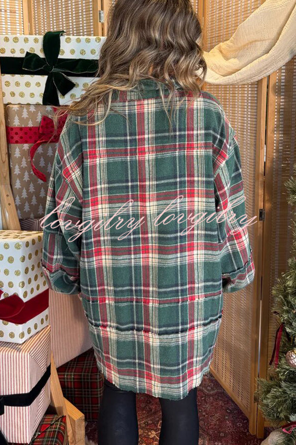 Christmas Morning Plaid Button Down Long Sleeve Pocket Loose Blouse