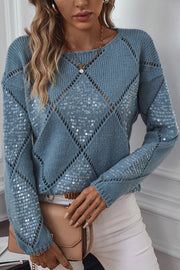 Fashionable Hollow Sequined Loose Rhombus Knitted Sweater