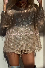 Fashion Sequin Round Neck Long Sleeve Tassel Top and Elastic Waist Casual Shorts Set