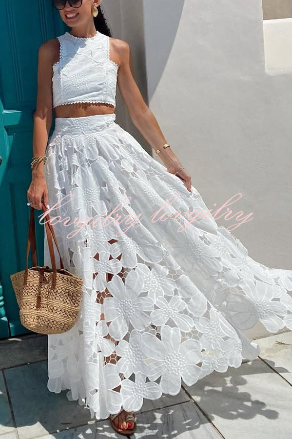 Next Trip Floral Embroidery Crochet Lace Crop Tank Top and Elastic Waist Pocket Maxi Skirt Set