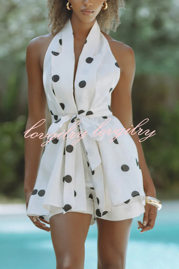 Gabby Linen Blend Polka Dot Tie-up Lapel Halter Vest and Metal Ring Belt Loose Shorts Set