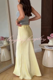 Secret of Elegance Satin Slit Back Lace-up Top and Elastic Waist Flare Maxi Skirt Set