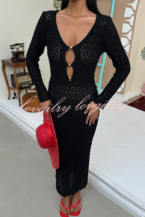 Fashion V-neck Long-sleeved Hollow Slim Maxi Dress