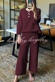 Heather Hailey Solid Color Casual Button V Neck Top and Pant Two Piece Set