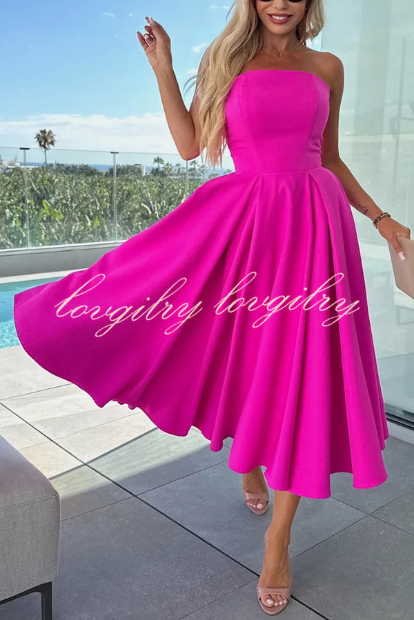 Sweet Cascade Solid Color Off Shoulder Pocket Full Hem Midi Dress