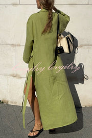 Linen Blend Solid Color Casual Lapel Tie Loose Maxi Dress
