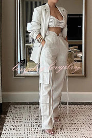 Stylish Lapel Long Sleeve Loose Jacket and Casual Pocket Lace-up Straight Leg Pants Set