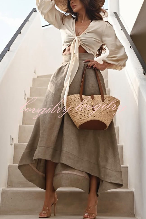 Lets Go Out Linen Blend Balloon Sleeve Wrap Tie-up Loose Top