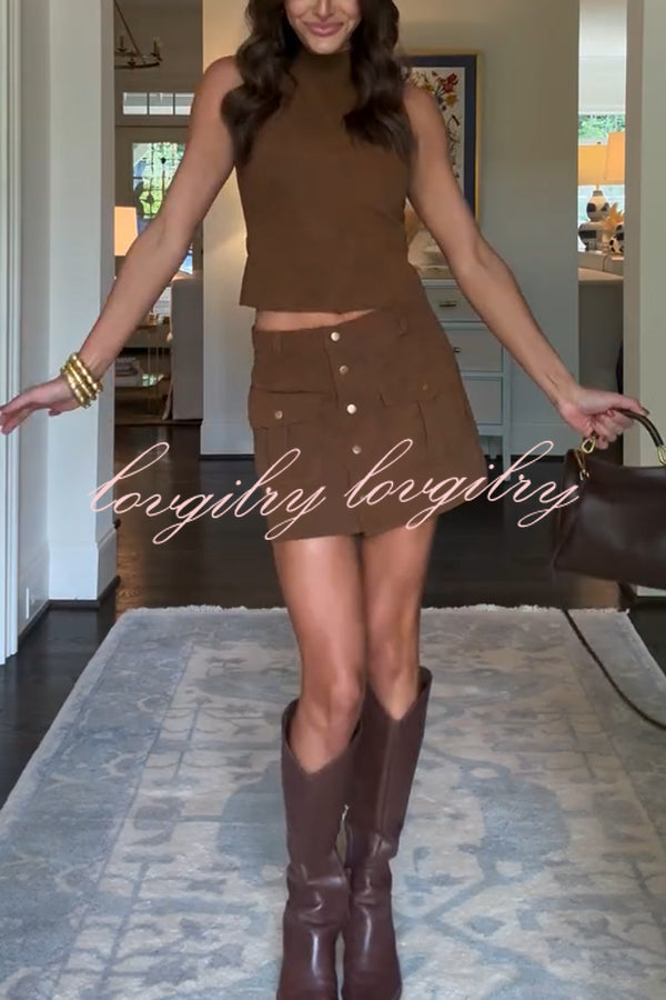 Autumn Atmosphere Faux Suede High Neck Zipper Tank and Button-Front Pocket Mini Skirt