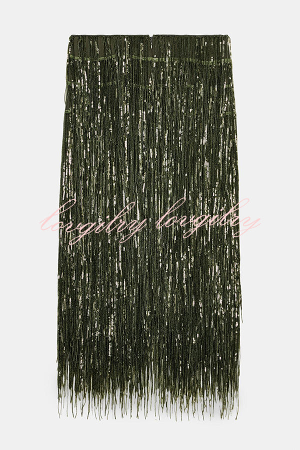 Party Crasher Layered Sequined Tassels High Rise Back Zipper Midi Skirt