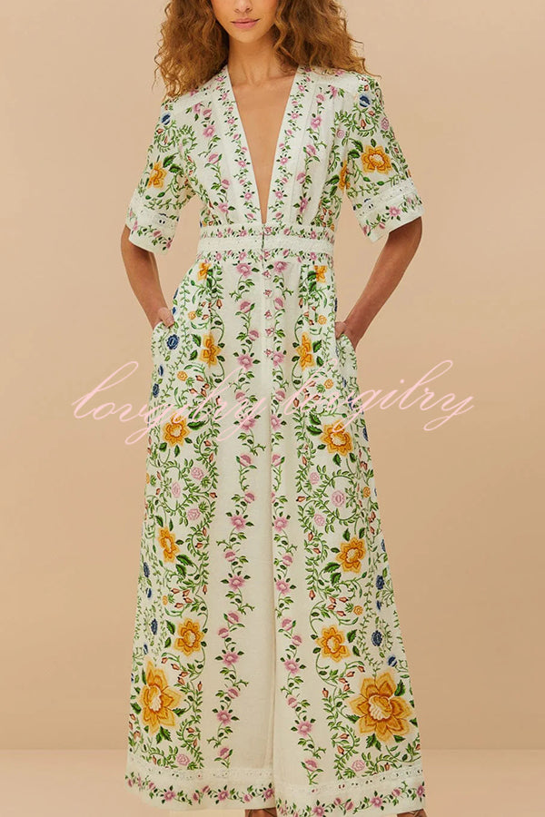 Natural Charm Linen Blend Floral  Print Short Sleeve Pocketed Wide Leg Jumpsuit
