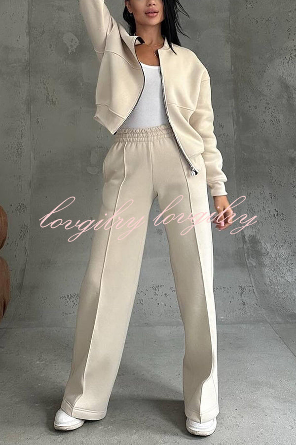 Solid Color Casual Long Sleeve Zipper Jacket and Elastic Waist Pocket Wide Leg Pants Set