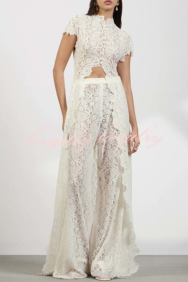 Elegant Personality Floral Lace Short Sleeve Front Slit Maxi Top