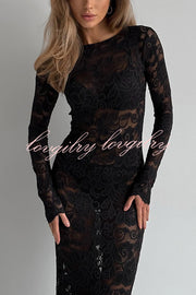 Sexy Openwork Lace Long-sleeved Slim-fit Fishtail Maxi Dress