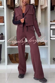 Fashion Lace Panel Long-sleeved Crop Top and Elastic Waist Tie Pocket Casual Pants Set